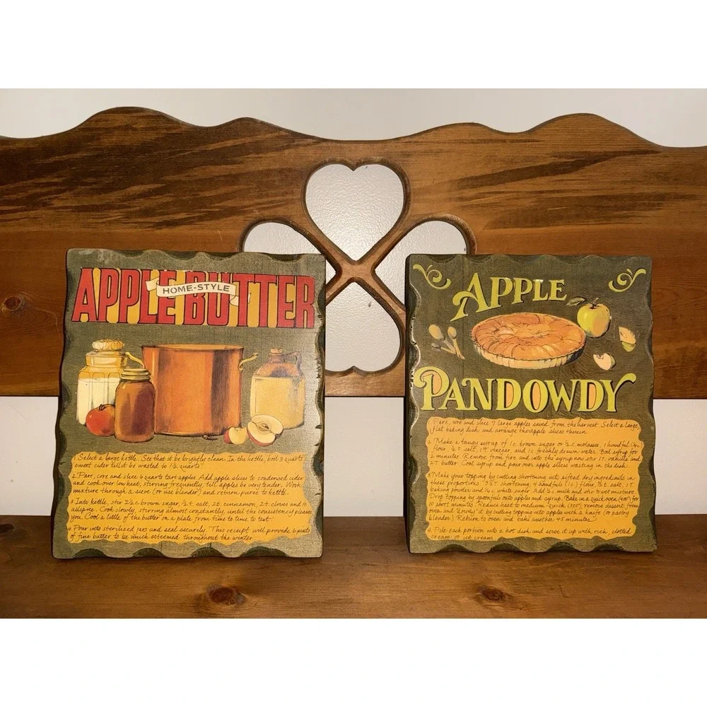 Vintage Country Apple Pie Butter Recipe Plaques Wall Sign Art Hanging Wood Set